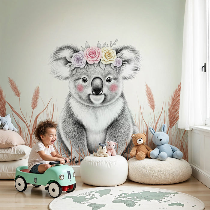 Nursery room wallpaper | Cute Koala with flower crown