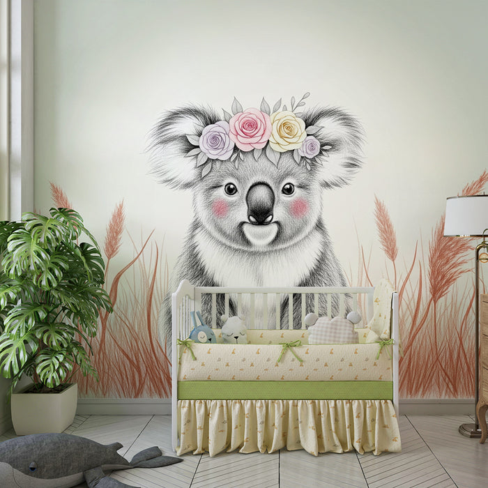Nursery room wallpaper | Cute Koala with flower crown