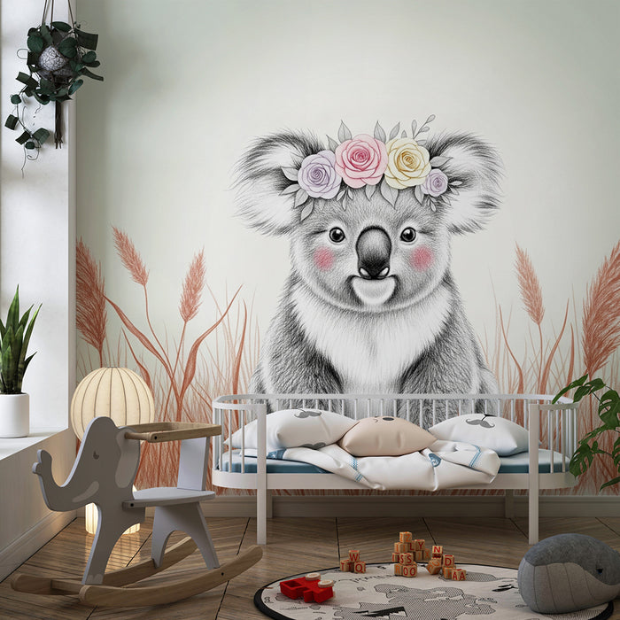 Nursery room wallpaper | Cute Koala with flower crown