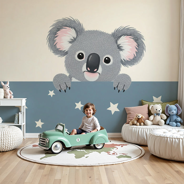 Papel de parede para quarto de bebé | Koala fofinho com estrelas num ambiente tranquilo