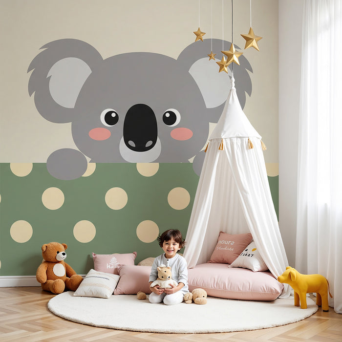 Barntapet | Söt koala med prickigt mönster på grön bakgrund