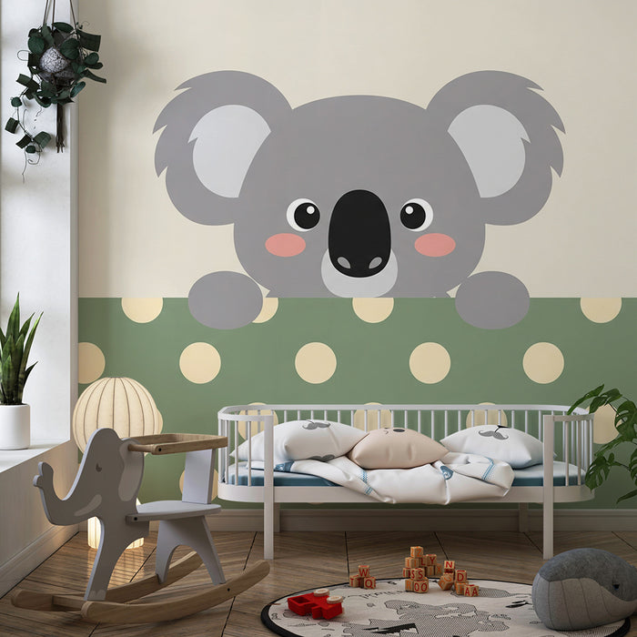 Barntapet | Söt koala med prickigt mönster på grön bakgrund