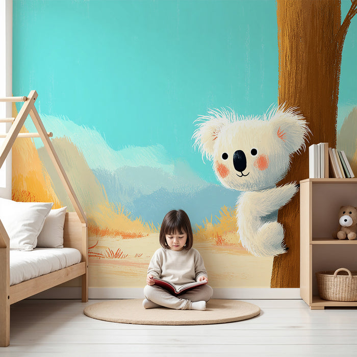 Nursery room wallpaper | Cute koala in a colorful landscape