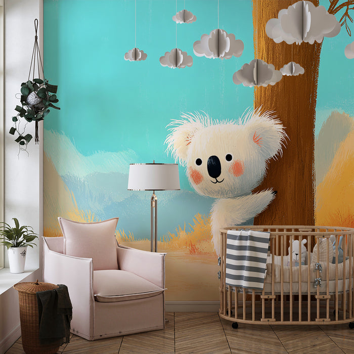 Nursery room wallpaper | Cute koala in a colorful landscape