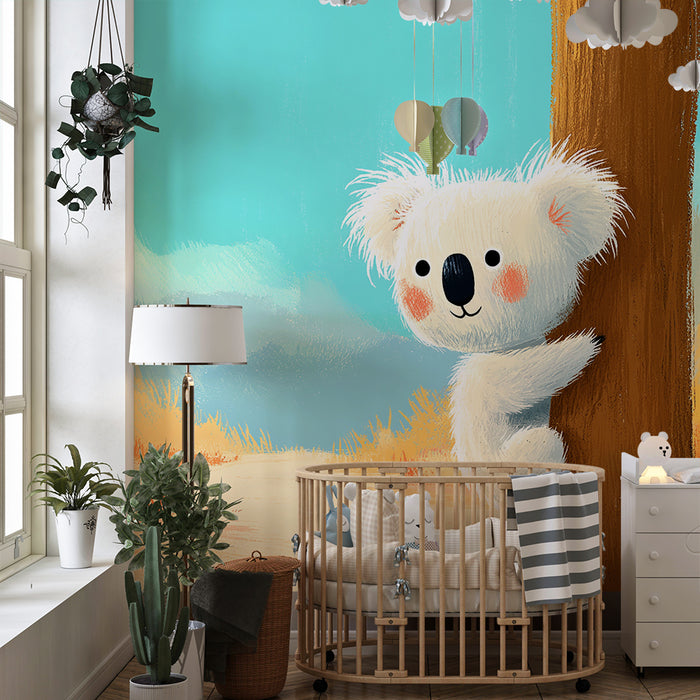 Nursery room wallpaper | Cute koala in a colorful landscape