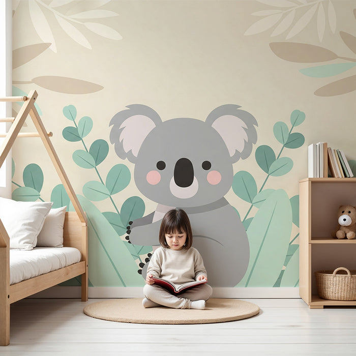 Papel pintado infantil | Koala lindo rodeado de hojas suaves