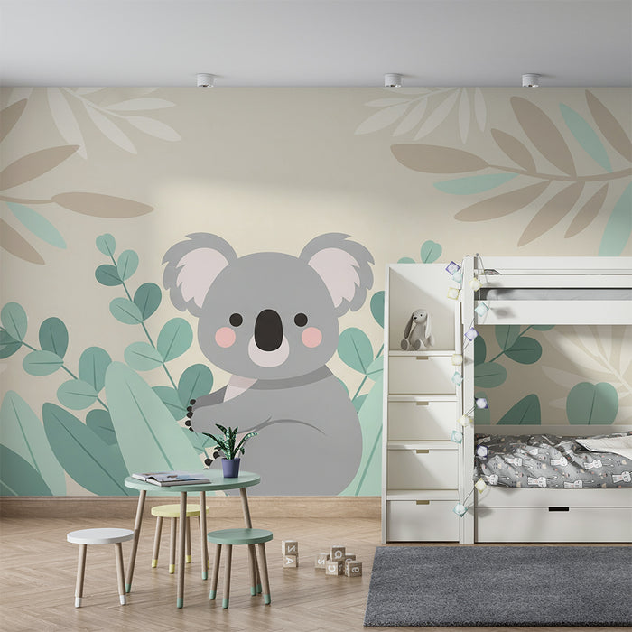 Papel pintado infantil | Koala lindo rodeado de hojas suaves