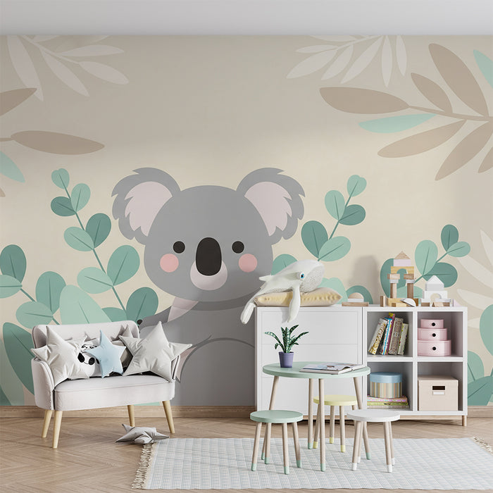 Papel pintado infantil | Koala lindo rodeado de hojas suaves