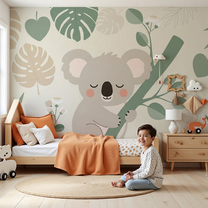 Papel pintado infantil | Koala lindo rodeado de follaje tropical