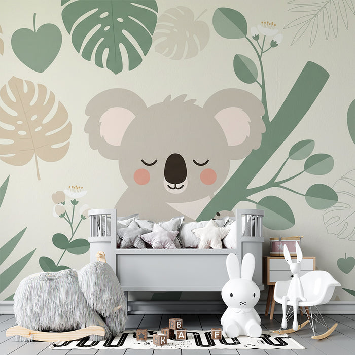 Papel pintado infantil | Koala lindo rodeado de follaje tropical
