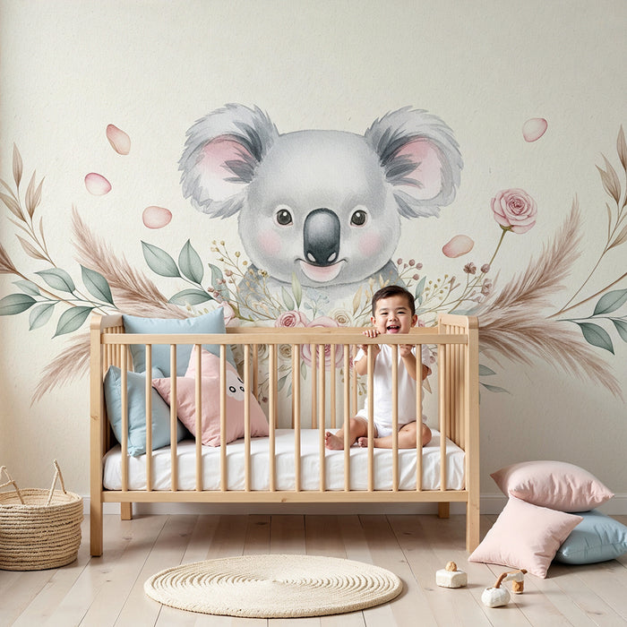 Nursery room wallpaper | Cute koala surrounded by delicate flowers
