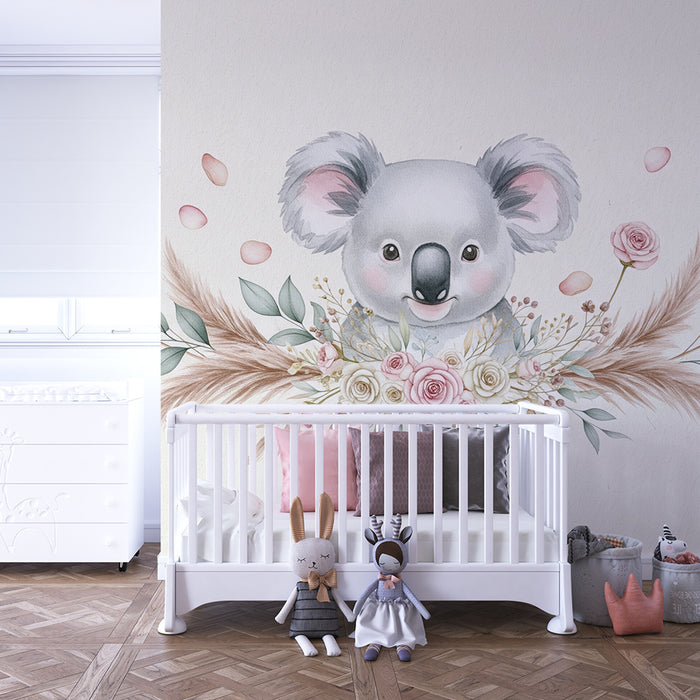 Nursery room wallpaper | Cute koala surrounded by delicate flowers