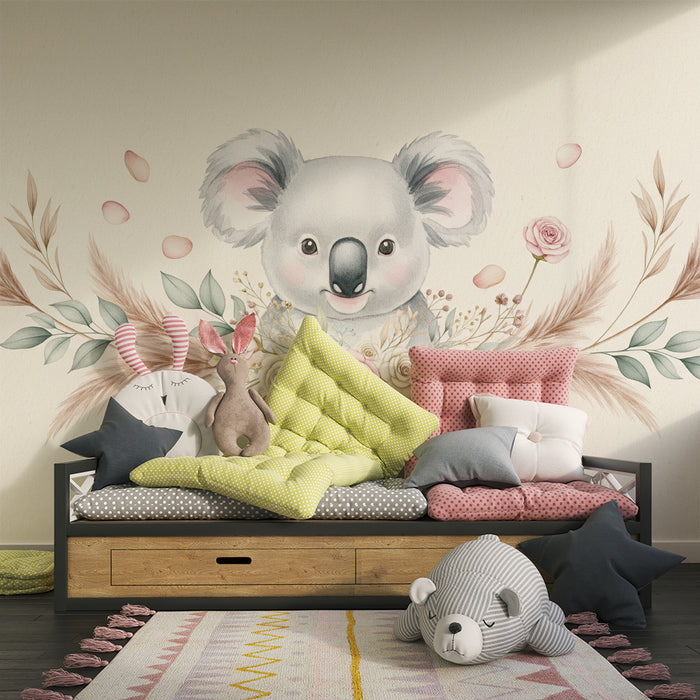 Nursery room wallpaper | Cute koala surrounded by delicate flowers