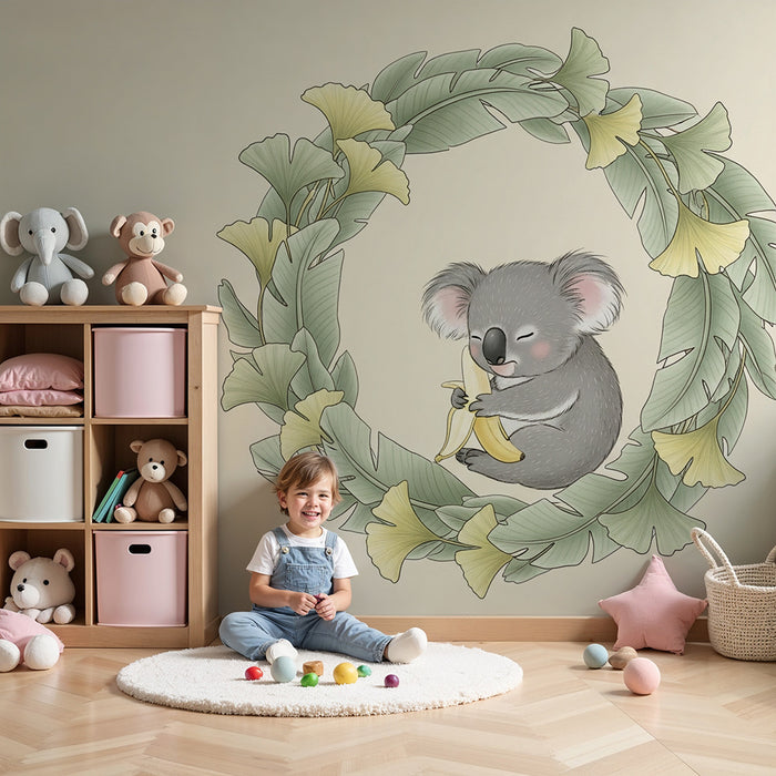 Papel de parede quarto bebê | Koala bonito e folhagem calmante