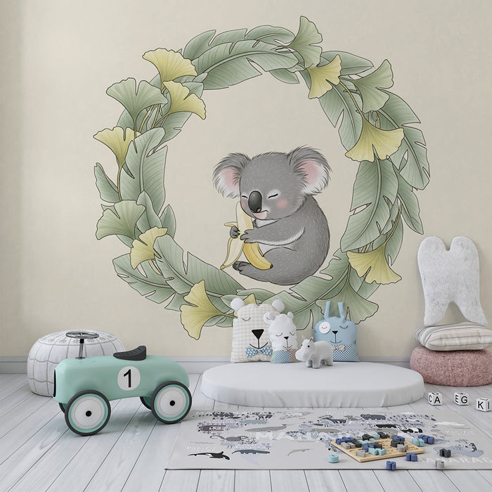 Papel de parede quarto bebê | Koala bonito e folhagem calmante