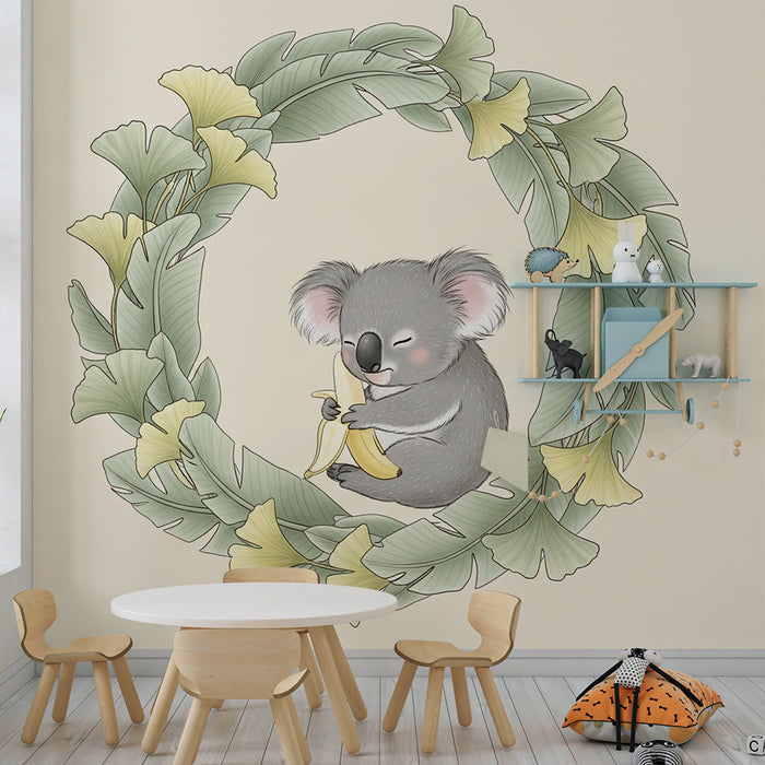 Papel de parede quarto bebê | Koala bonito e folhagem calmante