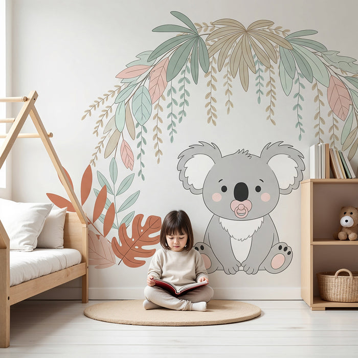 Papier peint chambre bébé | Koala mignon et feuillage tropical