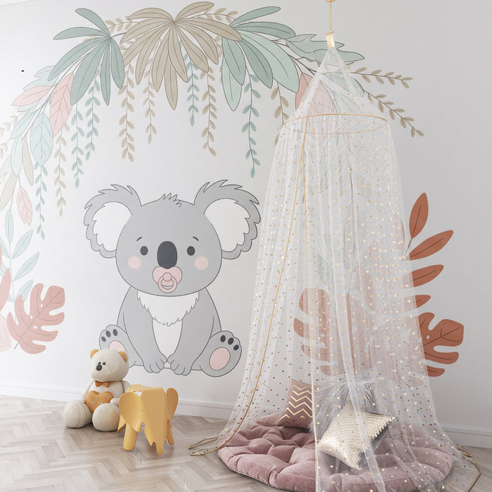 Papier peint chambre bébé | Koala mignon et feuillage tropical