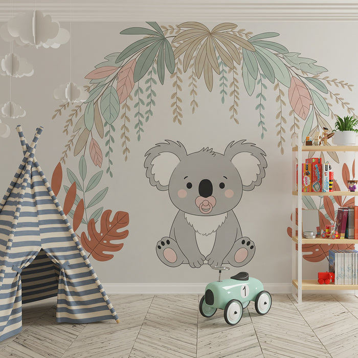 Papier peint chambre bébé | Koala mignon et feuillage tropical