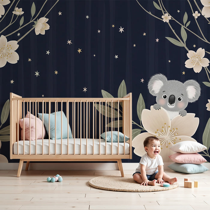 Nursery room wallpaper | Cute koala and delicate flowers