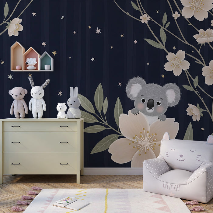 Nursery room wallpaper | Cute koala and delicate flowers