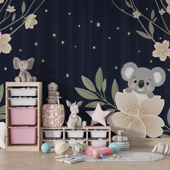 Nursery room wallpaper | Cute koala and delicate flowers