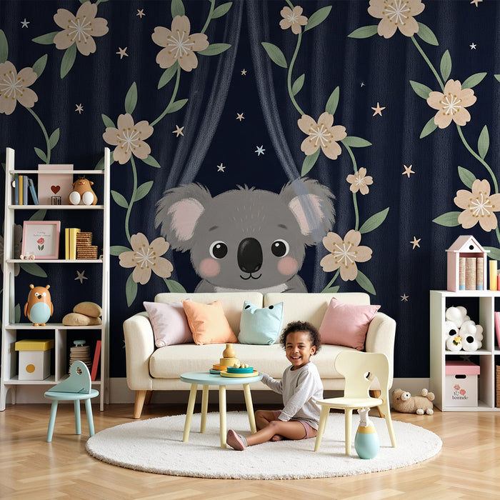 Nursery room wallpaper | Cute koala and starry flowers