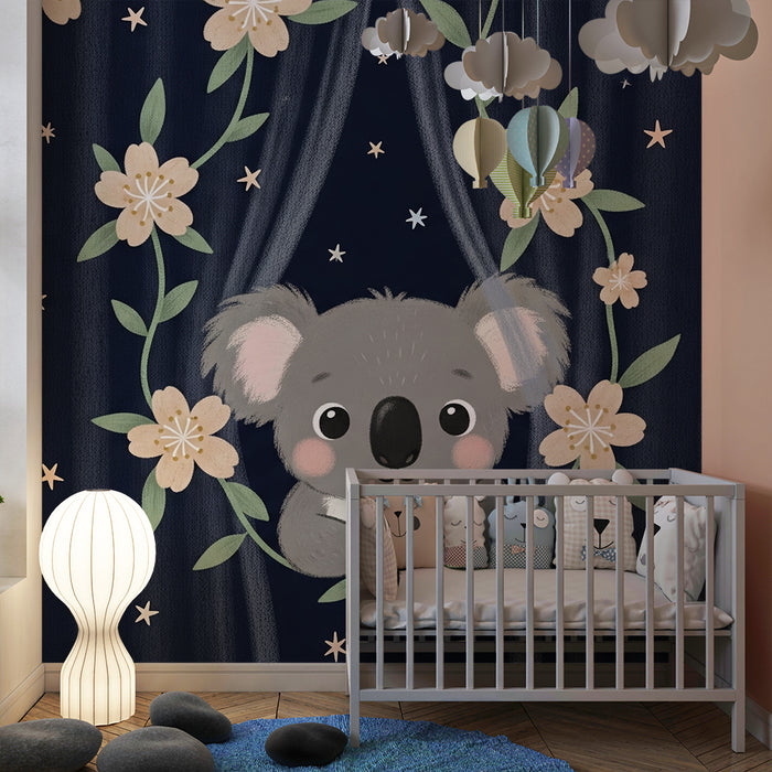 Nursery room wallpaper | Cute koala and starry flowers