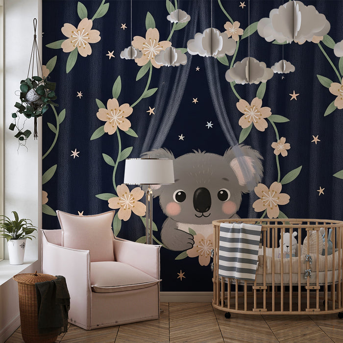 Nursery room wallpaper | Cute koala and starry flowers