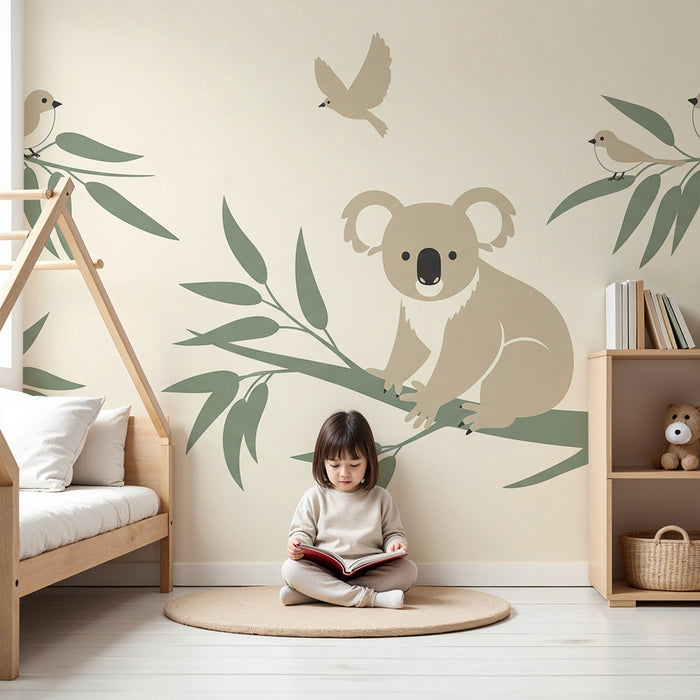 Papier peint chambre bébé | Koala mignon et oiseaux sur une branche de bambou