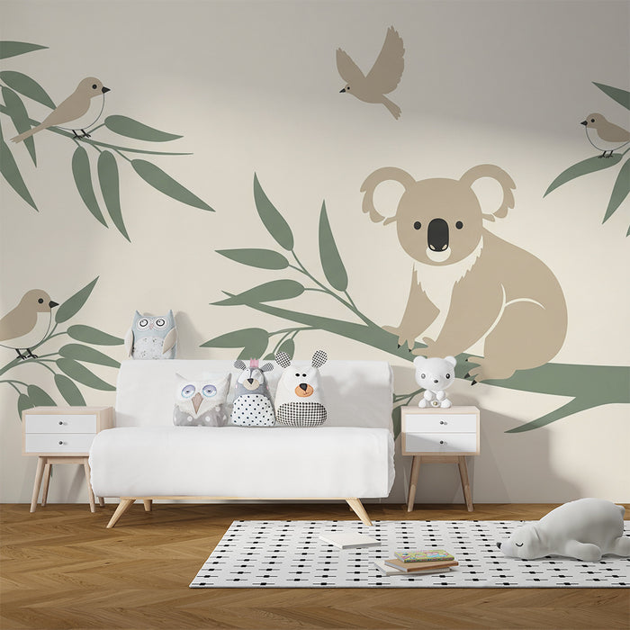 Papier peint chambre bébé | Koala mignon et oiseaux sur une branche de bambou