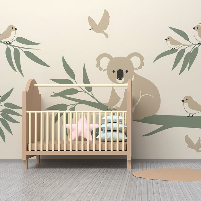 Papier peint chambre bébé | Koala mignon et oiseaux sur une branche de bambou