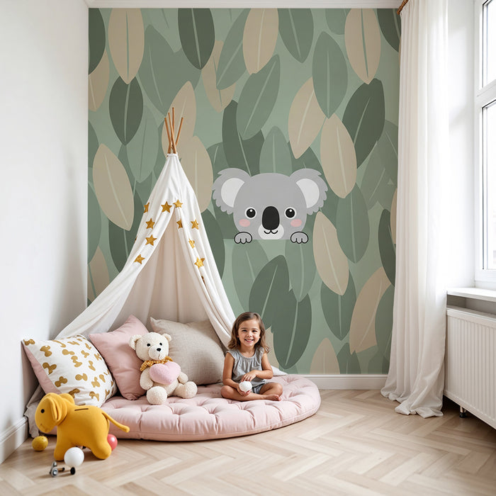 Nursery room wallpaper | Cute koala among the leaves