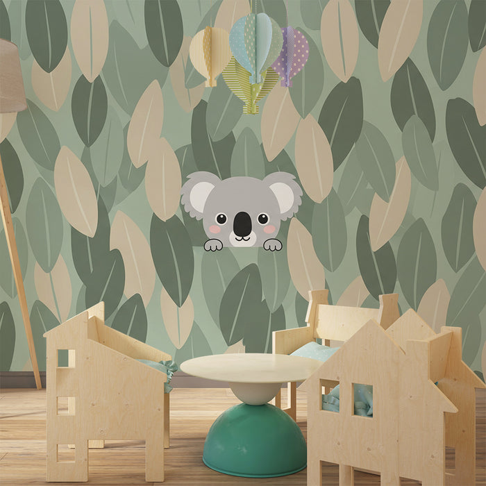 Nursery room wallpaper | Cute koala among the leaves