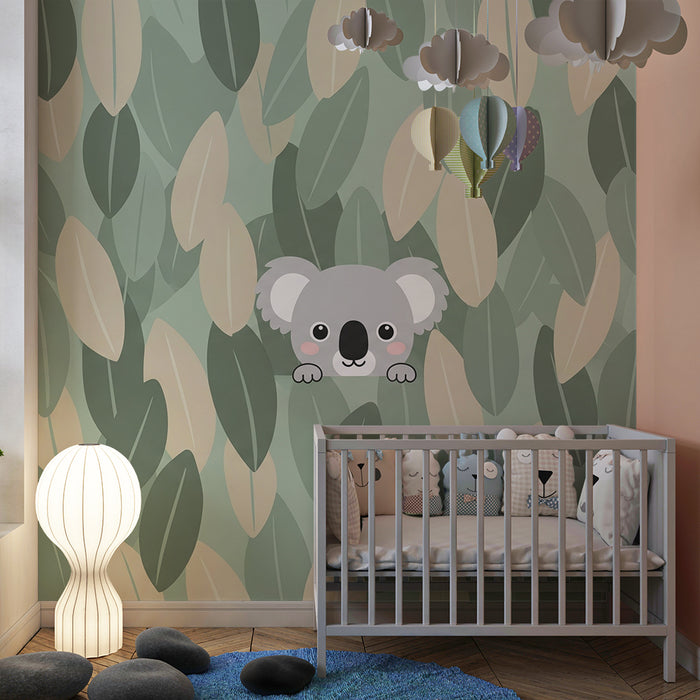 Nursery room wallpaper | Cute koala among the leaves
