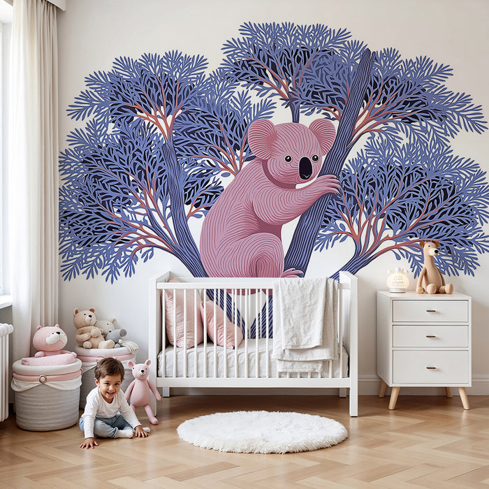 Babykamer behang | Schattige koala zittend op een boom in zachte kleuren