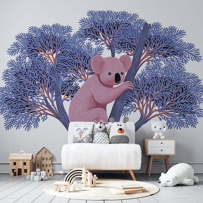 Babykamer behang | Schattige koala zittend op een boom in zachte kleuren