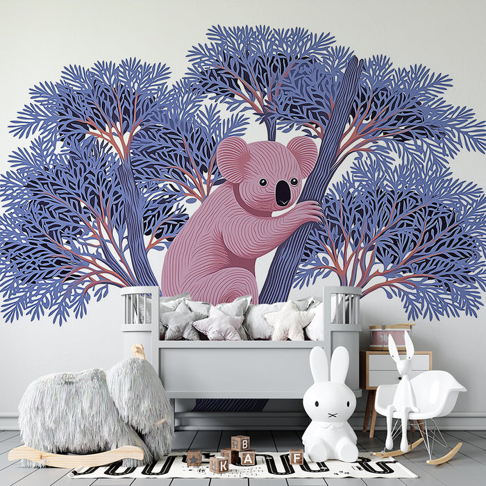 Babykamer behang | Schattige koala zittend op een boom in zachte kleuren