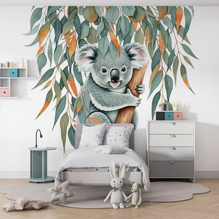 Babyzimmer-Tapete | Niedlicher Koala auf einem Baum mit bunten Blättern