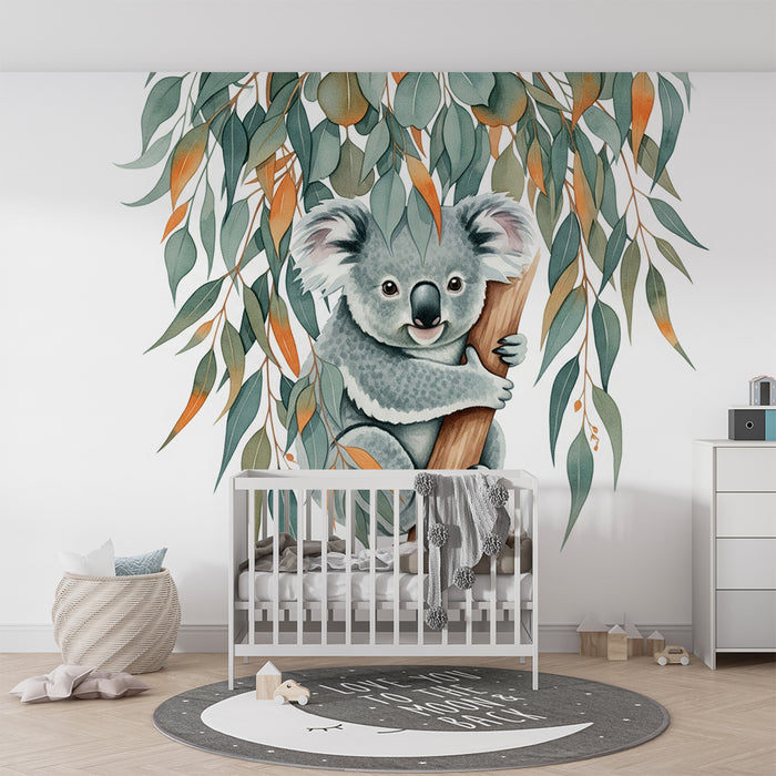 Babyzimmer-Tapete | Niedlicher Koala auf einem Baum mit bunten Blättern