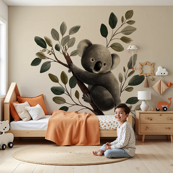 Nursery room wallpaper | Cute koala perched on a branch with delicate foliage