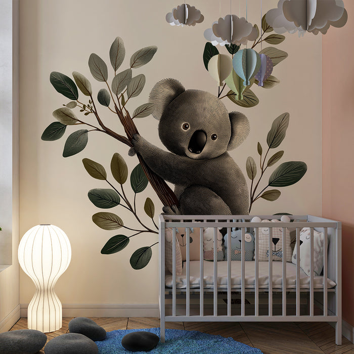 Nursery room wallpaper | Cute koala perched on a branch with delicate foliage