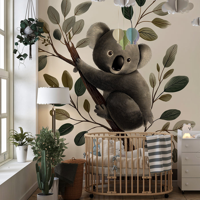 Nursery room wallpaper | Cute koala perched on a branch with delicate foliage