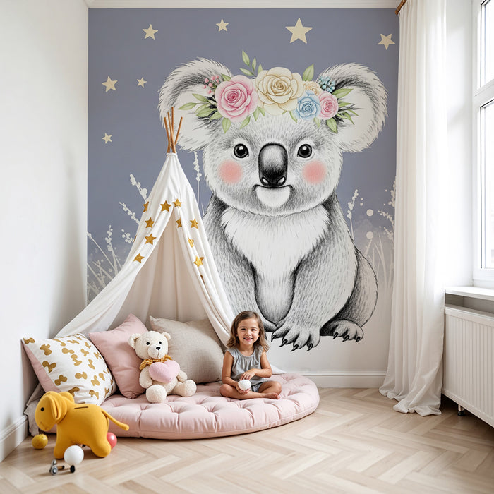 Nursery room wallpaper | Cute koala under the stars