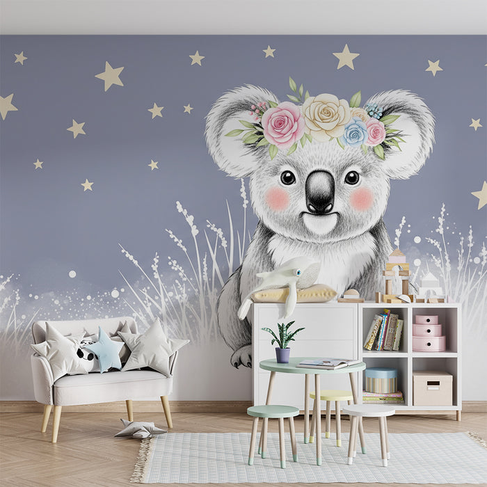 Nursery room wallpaper | Cute koala under the stars