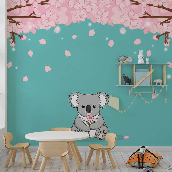 Papel de parede para quarto de bebé | Coala fofinho debaixo de uma cerejeira em flor