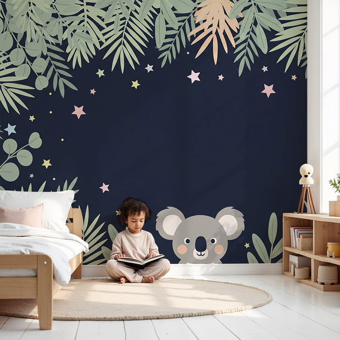 Nursery room wallpaper | Cute koala under a starry sky