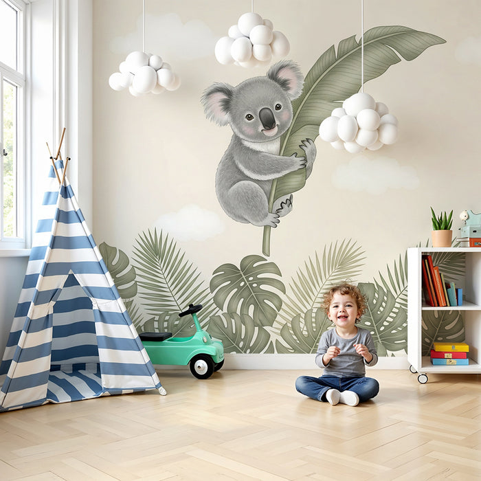 Tapeta do dětského pokoje | Roztomilý koala na větvi a tropické listí