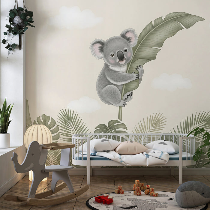 Tapeta do dětského pokoje | Roztomilý koala na větvi a tropické listí