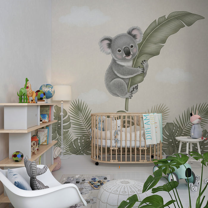 Tapeta do dětského pokoje | Roztomilý koala na větvi a tropické listí